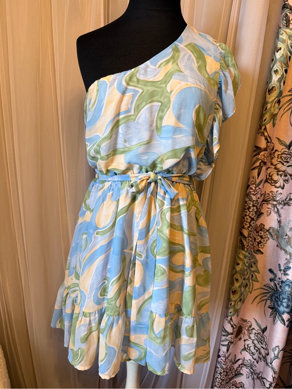 Asymmetrical One-Shoulder Blue & Green Swirl Dress